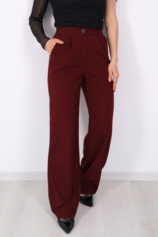 Beli Lastikli Boru Paça Bordo Kadın Kumaş Pantolon - 2