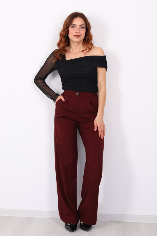 Beli Lastikli Boru Paça Bordo Kadın Kumaş Pantolon - 1