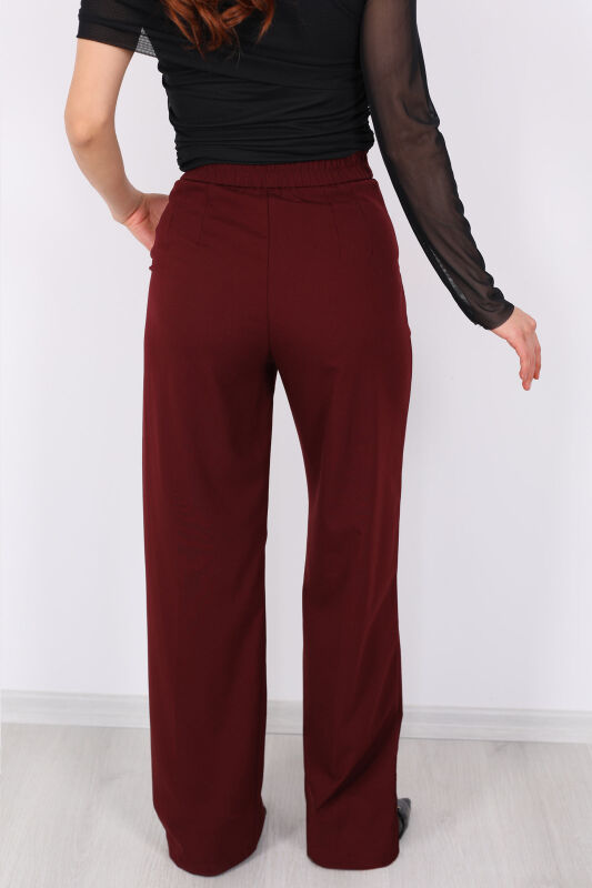 Beli Lastikli Boru Paça Bordo Kadın Kumaş Pantolon - 4