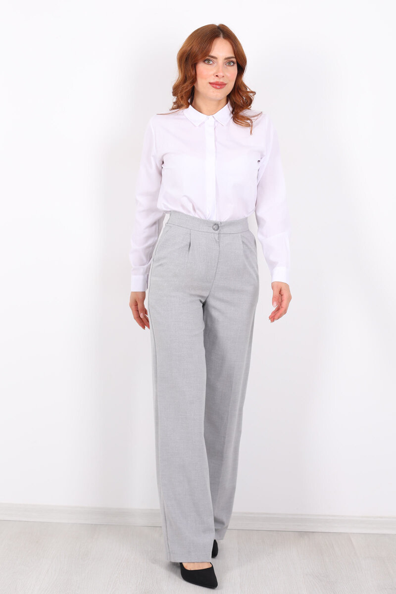 Beli Lastikli Boru Paça Gri Kadın Kumaş Pantolon - 4