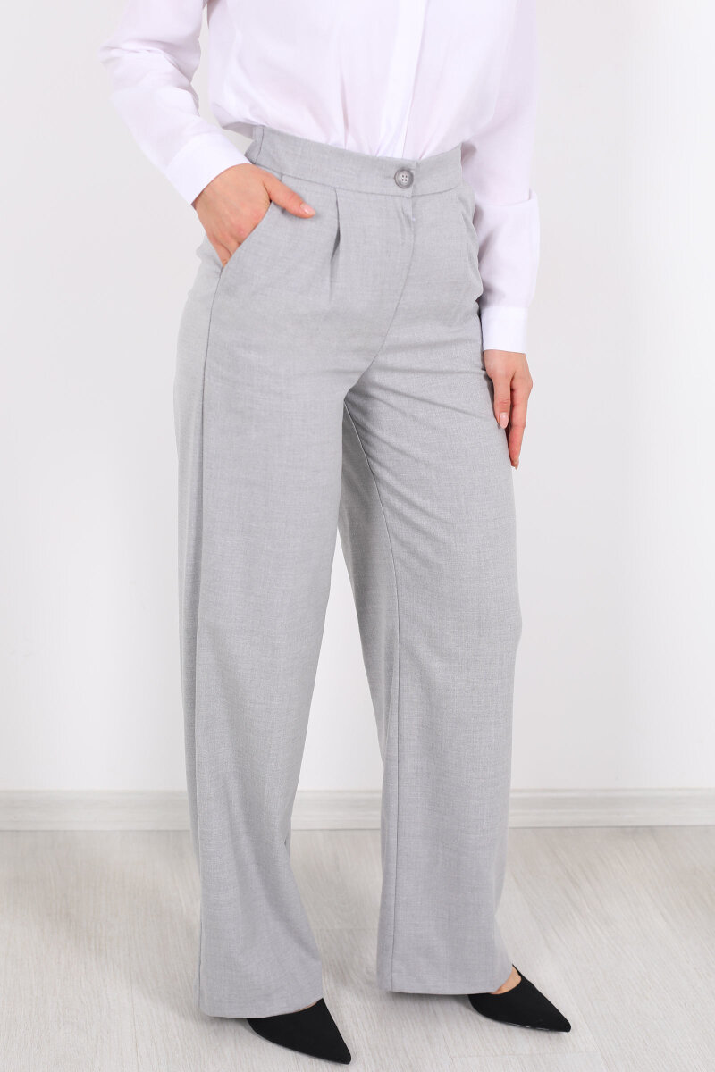 Beli Lastikli Boru Paça Gri Kadın Kumaş Pantolon - 2