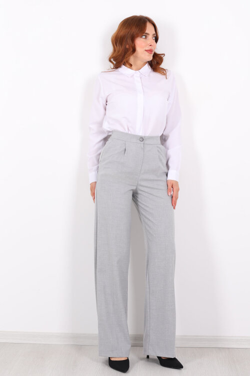 Beli Lastikli Boru Paça Gri Kadın Kumaş Pantolon - 3