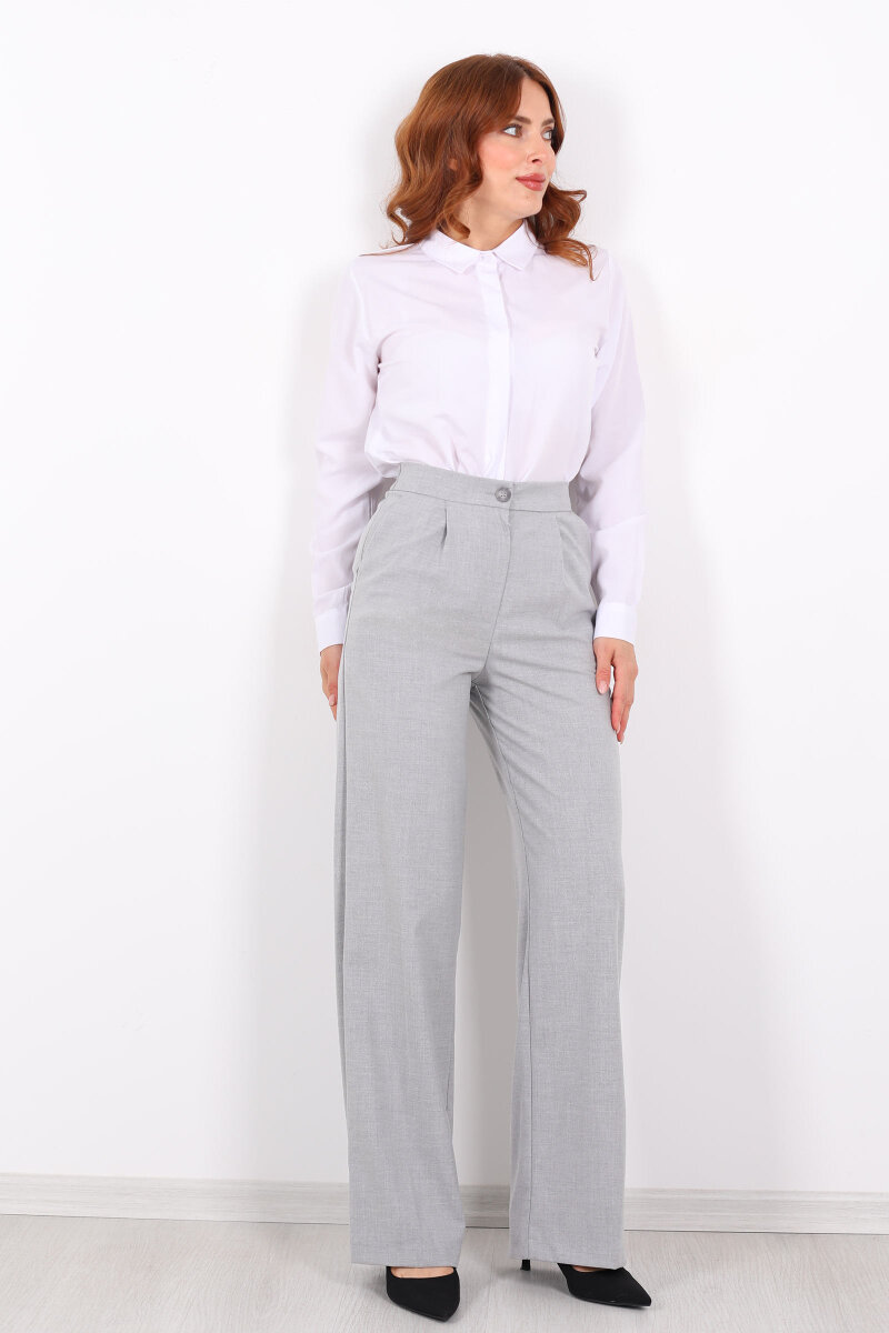 Beli Lastikli Boru Paça Gri Kadın Kumaş Pantolon - 3