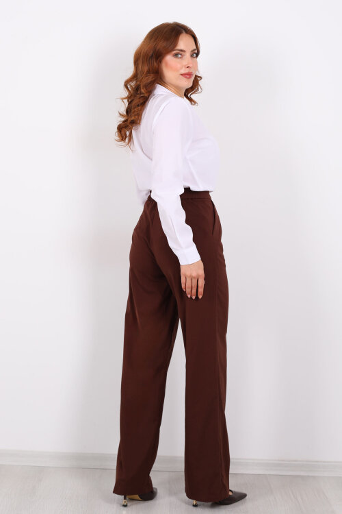 Beli Lastikli Boru Paça Kahverengi Kadın Kumaş Pantolon - 4