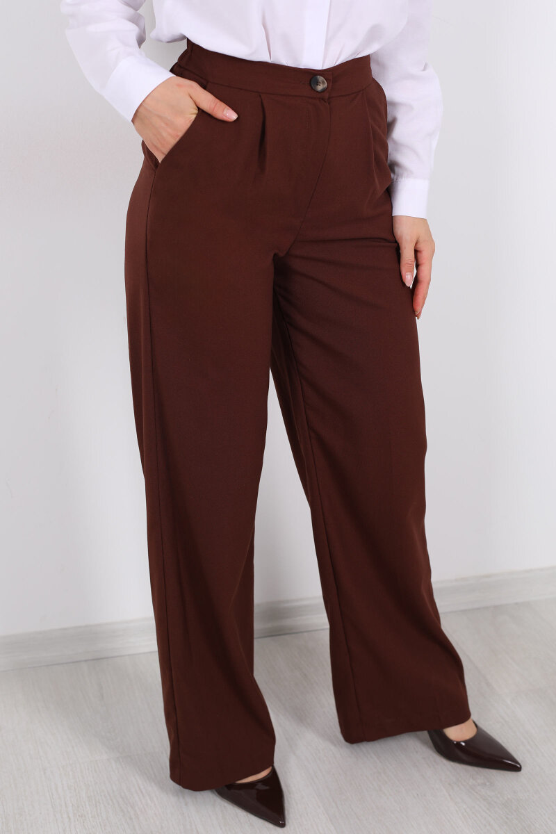 Beli Lastikli Boru Paça Kahverengi Kadın Kumaş Pantolon - 2
