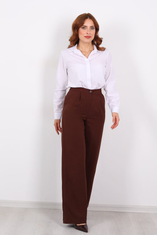 Beli Lastikli Boru Paça Kahverengi Kadın Kumaş Pantolon - 5