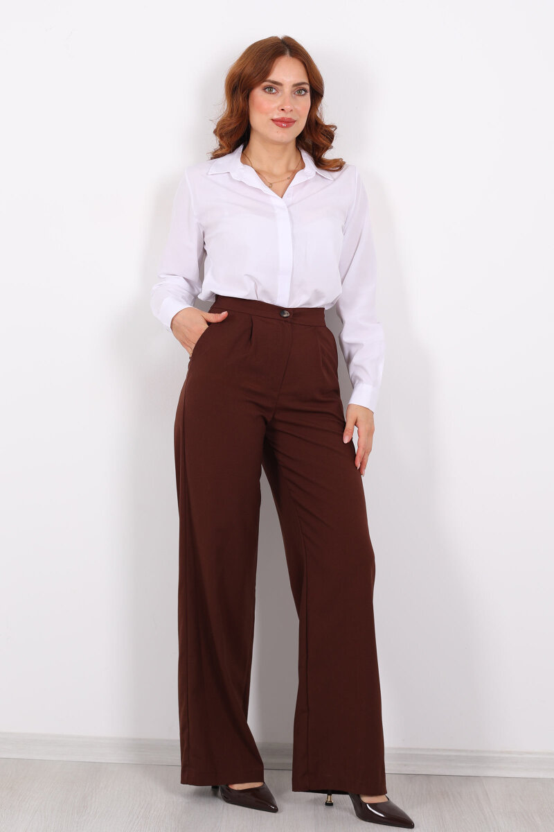 Beli Lastikli Boru Paça Kahverengi Kadın Kumaş Pantolon - 3