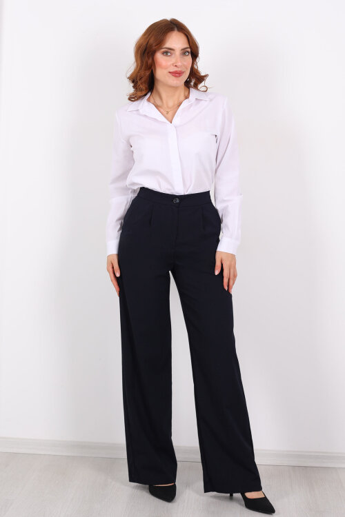 Beli Lastikli Boru Paça Lacivert Kadın Kumaş Pantolon - 4