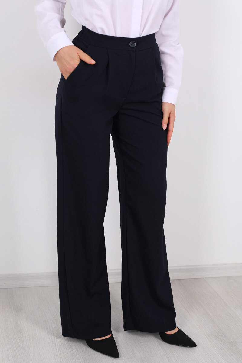 Beli Lastikli Boru Paça Lacivert Kadın Kumaş Pantolon - 2