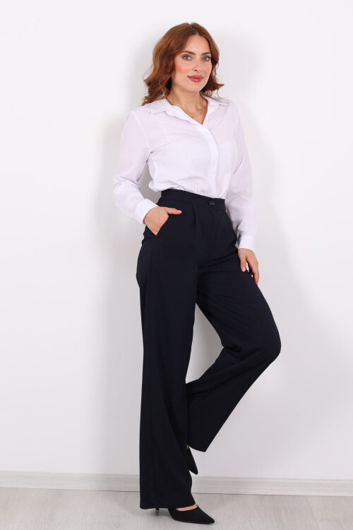 Beli Lastikli Boru Paça Lacivert Kadın Kumaş Pantolon - Berox