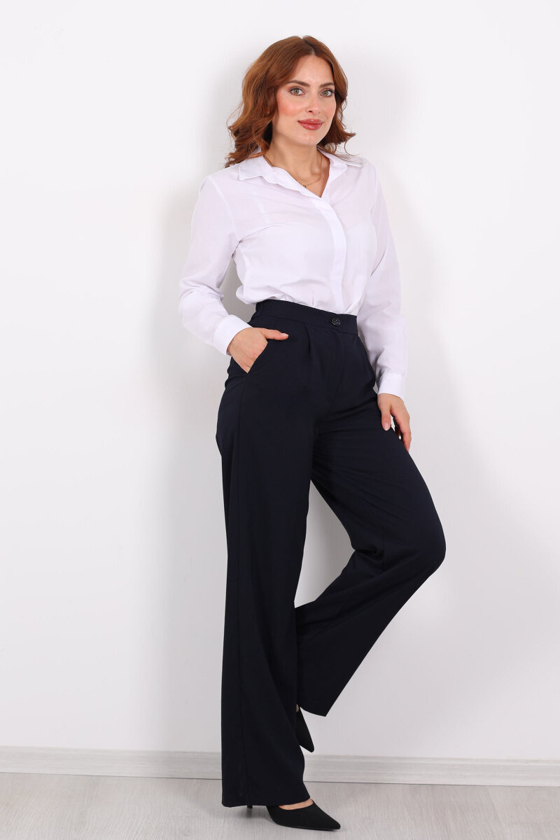 Beli Lastikli Boru Paça Lacivert Kadın Kumaş Pantolon - 1