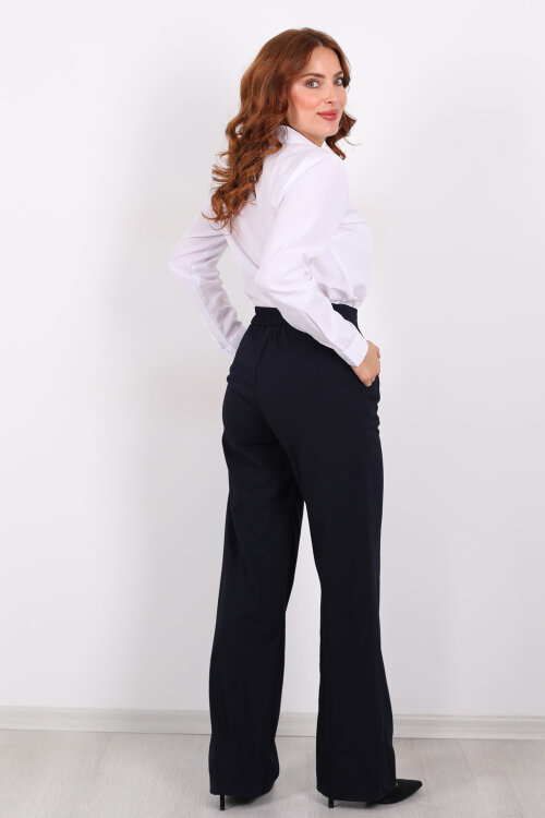 Beli Lastikli Boru Paça Lacivert Kadın Kumaş Pantolon - 5