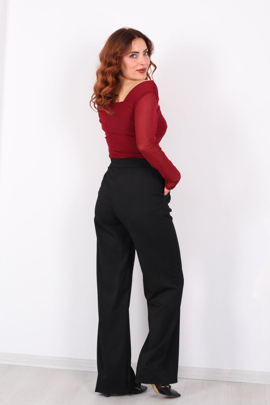 Beli Lastikli Boru Paça Siyah Kadın Kumaş Pantolon - 4