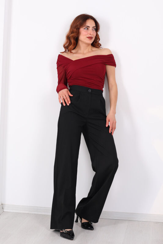 Beli Lastikli Boru Paça Siyah Kadın Kumaş Pantolon - 3