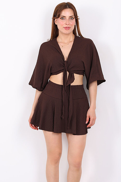 Beli Lastikli Bubble Acı Kahve Kadın Mini Şort Etek - 3