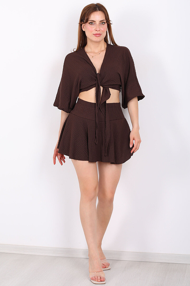 Beli Lastikli Bubble Acı Kahve Kadın Mini Şort Etek - 4