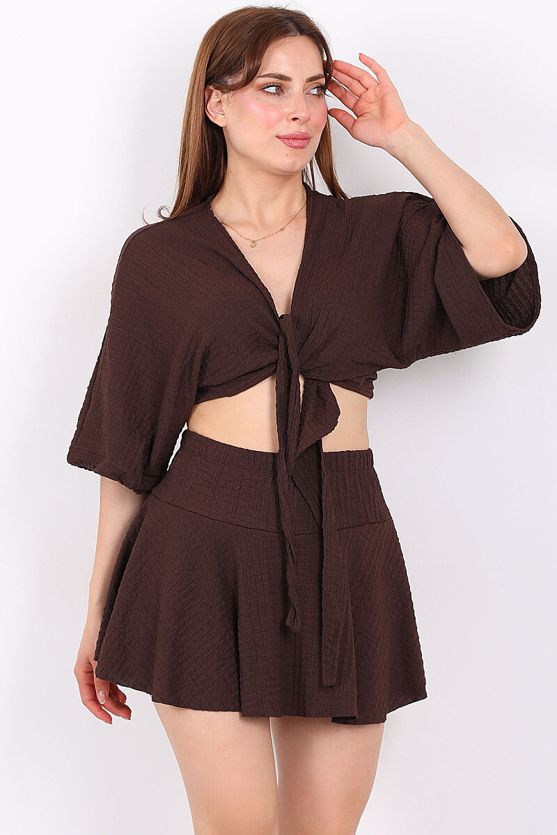 Beli Lastikli Bubble Acı Kahve Kadın Mini Şort Etek - 6