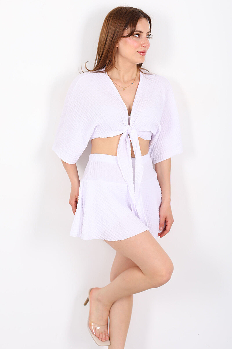 Beli Lastikli Bubble Beyaz Kadın Mini Şort Etek - 1