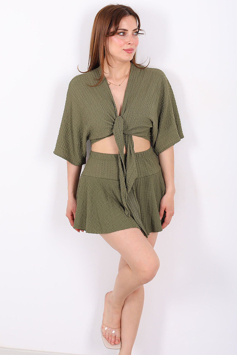 Beli Lastikli Bubble Haki Kadın Mini Şort Etek - 1