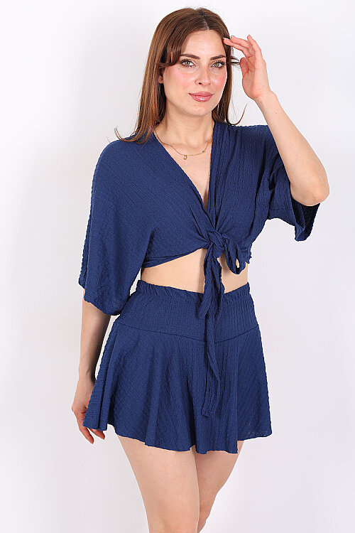 Beli Lastikli Bubble Lacivert Kadın Mini Şort Etek - Berox