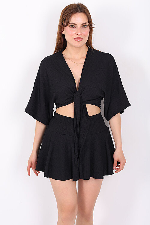 Beli Lastikli Bubble Siyah Kadın Mini Şort Etek - 6