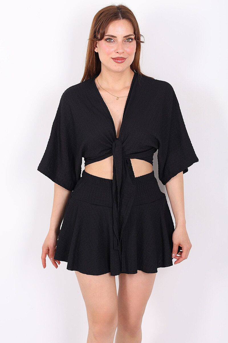 Beli Lastikli Bubble Siyah Kadın Mini Şort Etek - 6