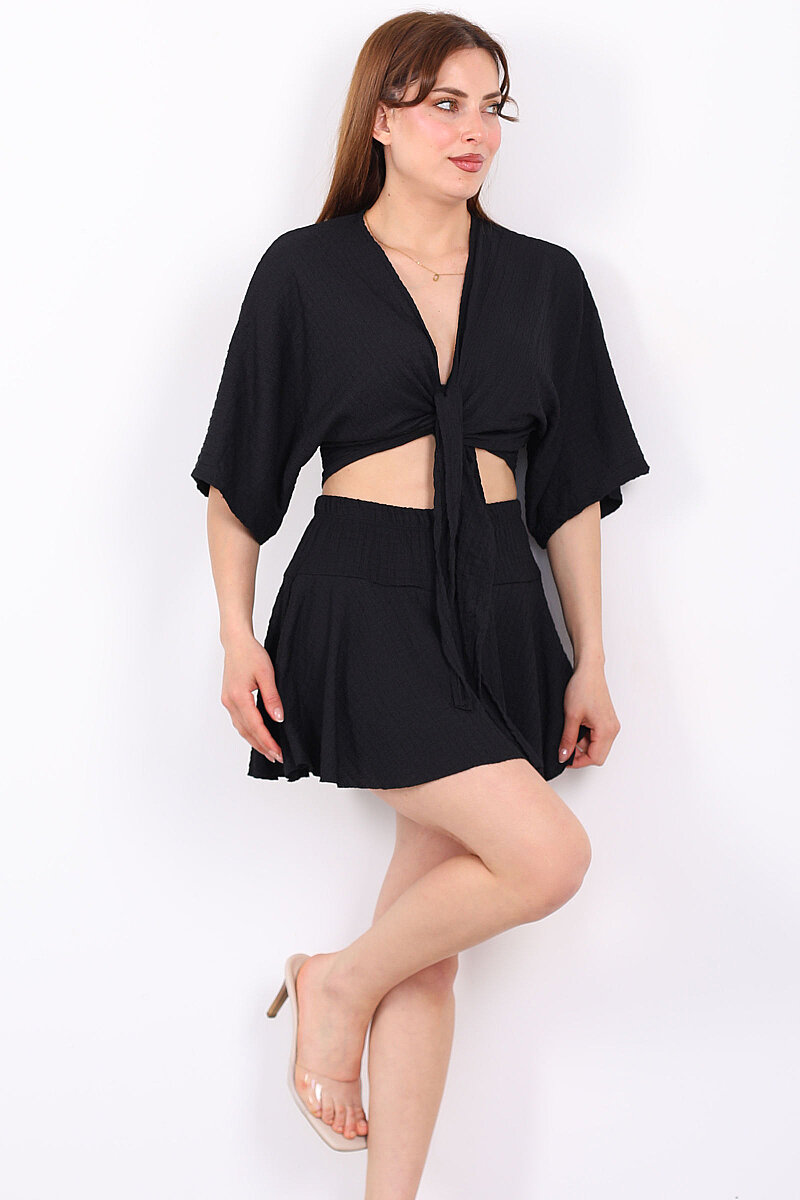 Beli Lastikli Bubble Siyah Kadın Mini Şort Etek - 3