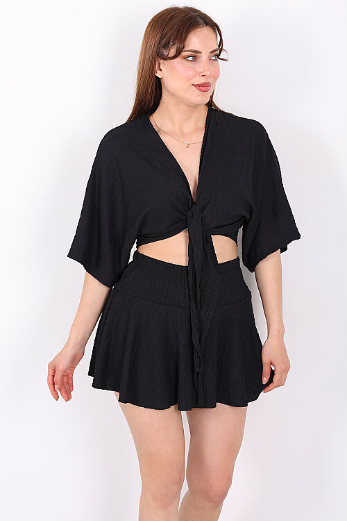 Beli Lastikli Bubble Siyah Kadın Mini Şort Etek - Berox