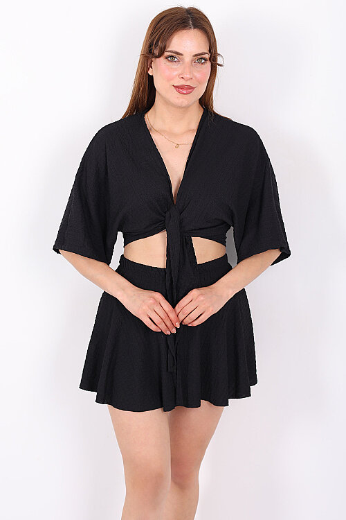 Beli Lastikli Bubble Siyah Kadın Mini Şort Etek - 4