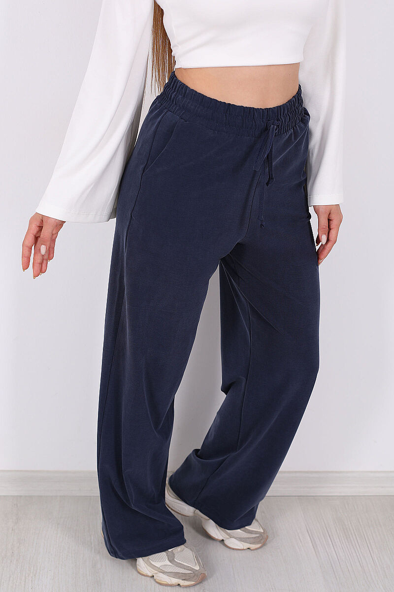 Beli Lastikli Cepli Bol Paça Lacivert Kadın Pantolon - 2