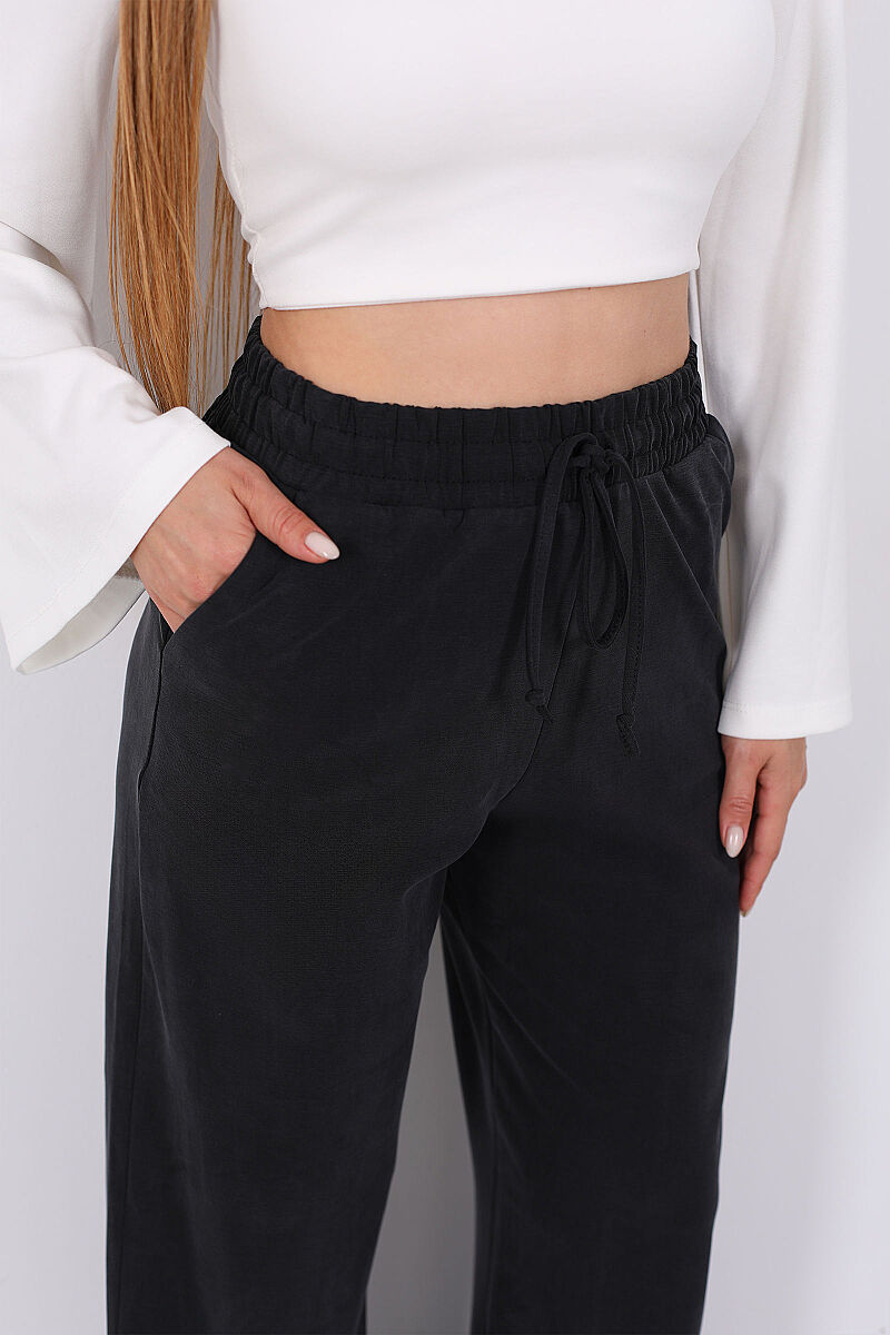 Beli Lastikli Cepli Bol Paça Siyah Kadın Pantolon - 2
