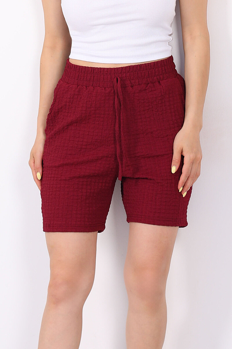 Beli Lastikli Cepli Bubble Bordo Kadın Şort - 2