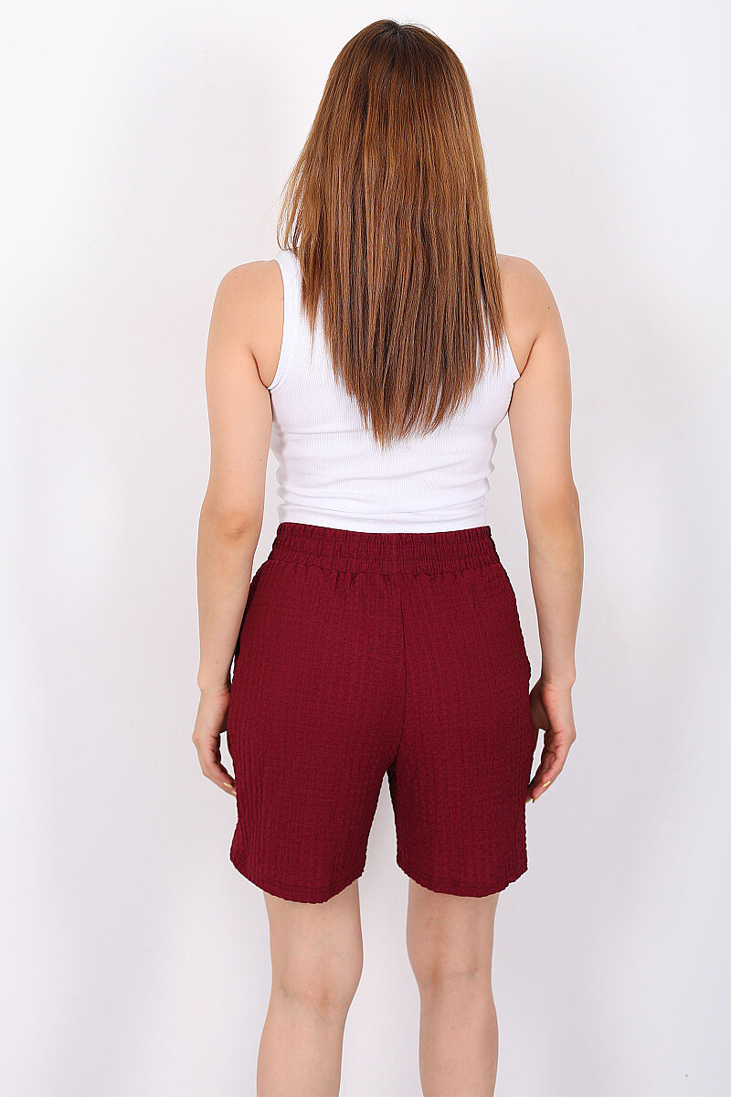 Beli Lastikli Cepli Bubble Bordo Kadın Şort - 4