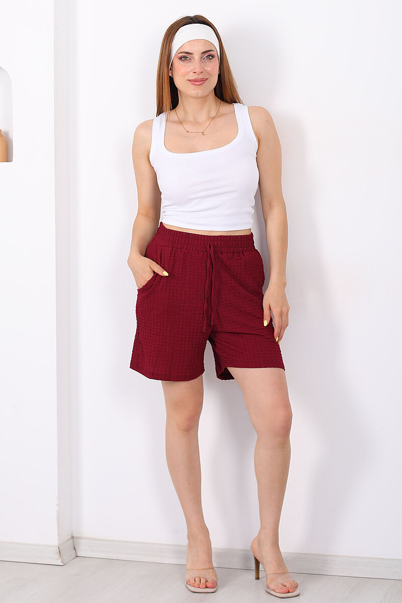 Beli Lastikli Cepli Bubble Bordo Kadın Şort - 5
