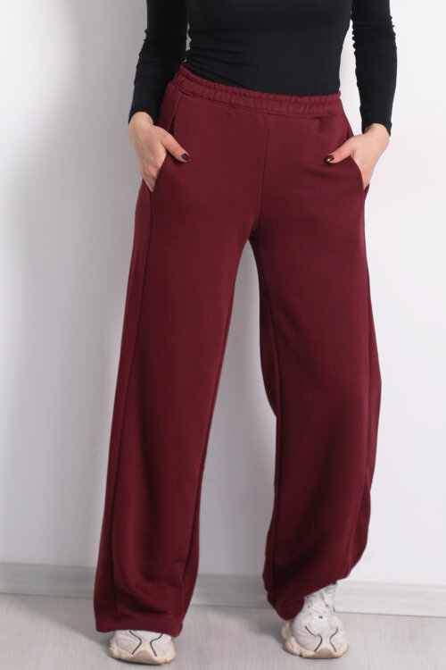 Beli Lastikli Cepli Geniş Paça Bordo Kadın Eşofman Altı - 2