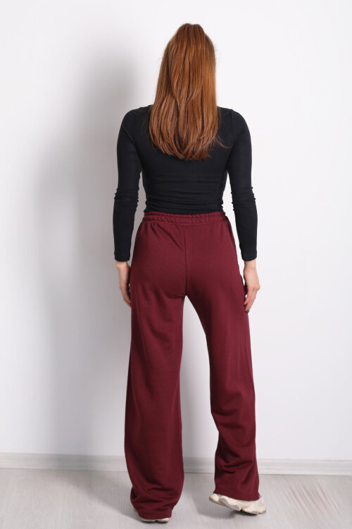 Beli Lastikli Cepli Geniş Paça Bordo Kadın Eşofman Altı - 4