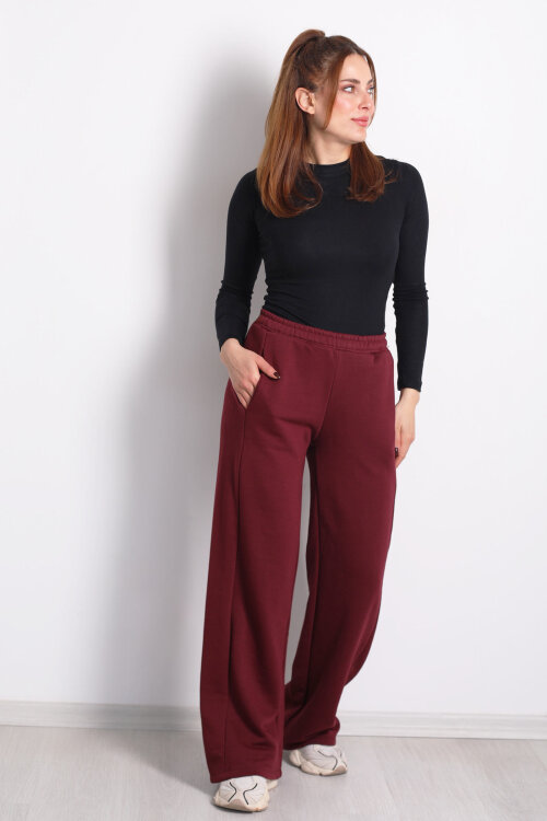 Beli Lastikli Cepli Geniş Paça Bordo Kadın Eşofman Altı - 5