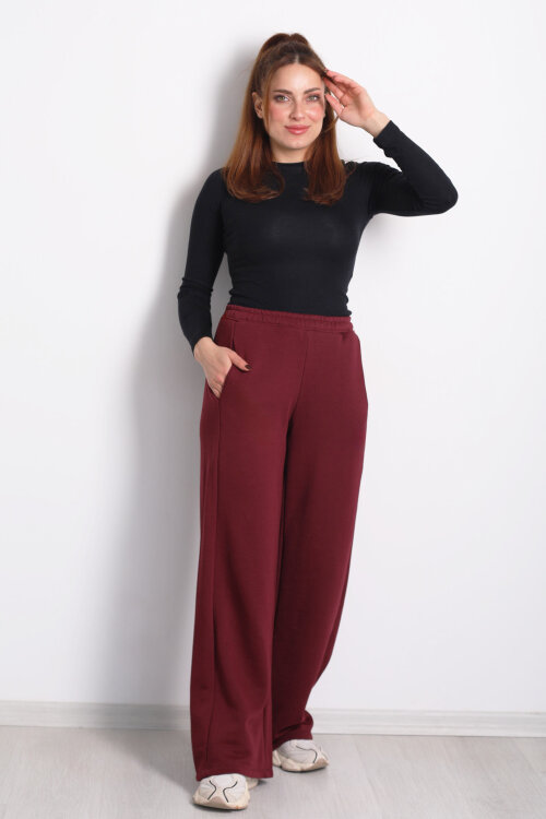 Beli Lastikli Cepli Geniş Paça Bordo Kadın Eşofman Altı - 3