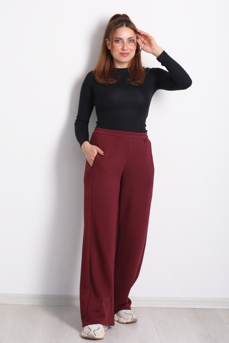 Beli Lastikli Cepli Geniş Paça Bordo Kadın Eşofman Altı - 3