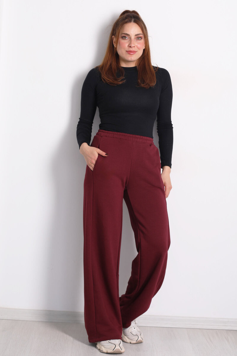 Beli Lastikli Cepli Geniş Paça Bordo Kadın Eşofman Altı - 1