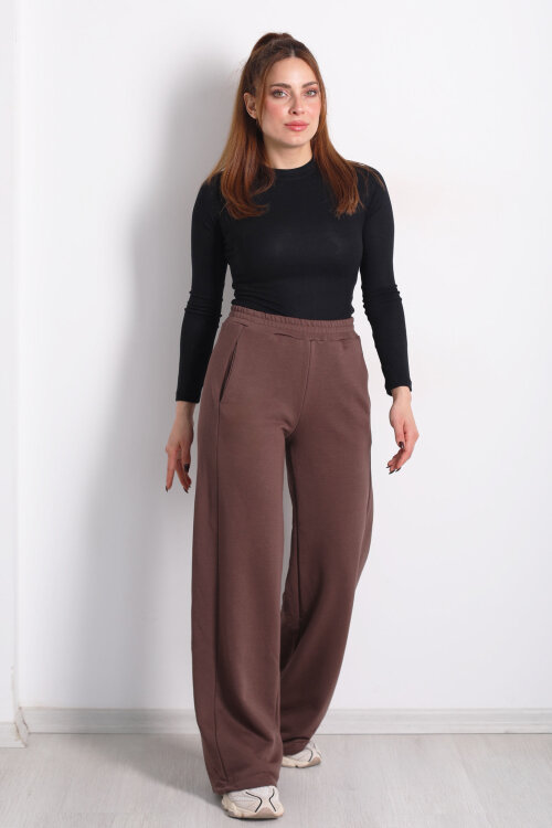 Beli Lastikli Cepli Geniş Paça Kahverengi Kadın Eşofman Altı - 5