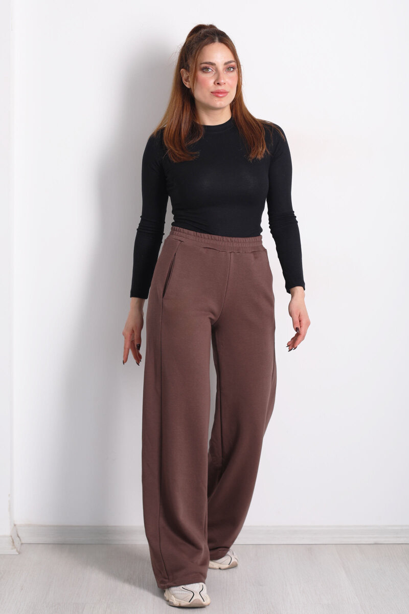 Beli Lastikli Cepli Geniş Paça Kahverengi Kadın Eşofman Altı - 5