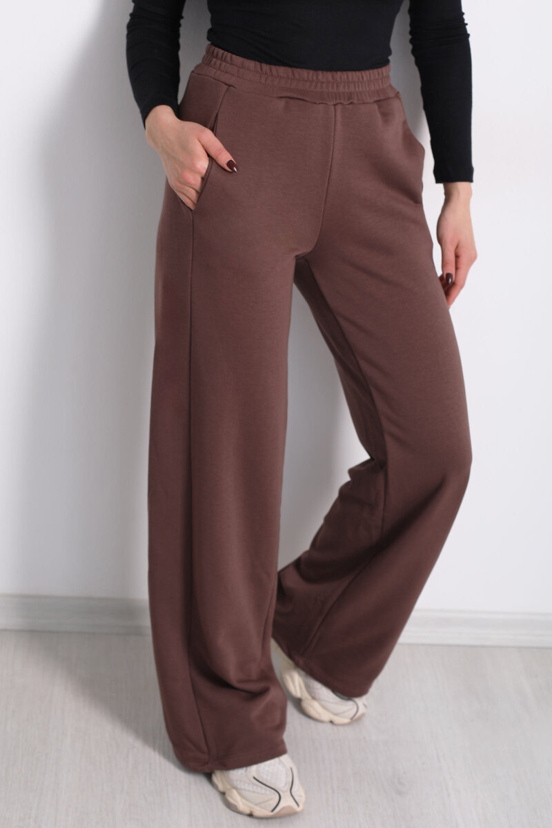 Beli Lastikli Cepli Geniş Paça Kahverengi Kadın Eşofman Altı - 2