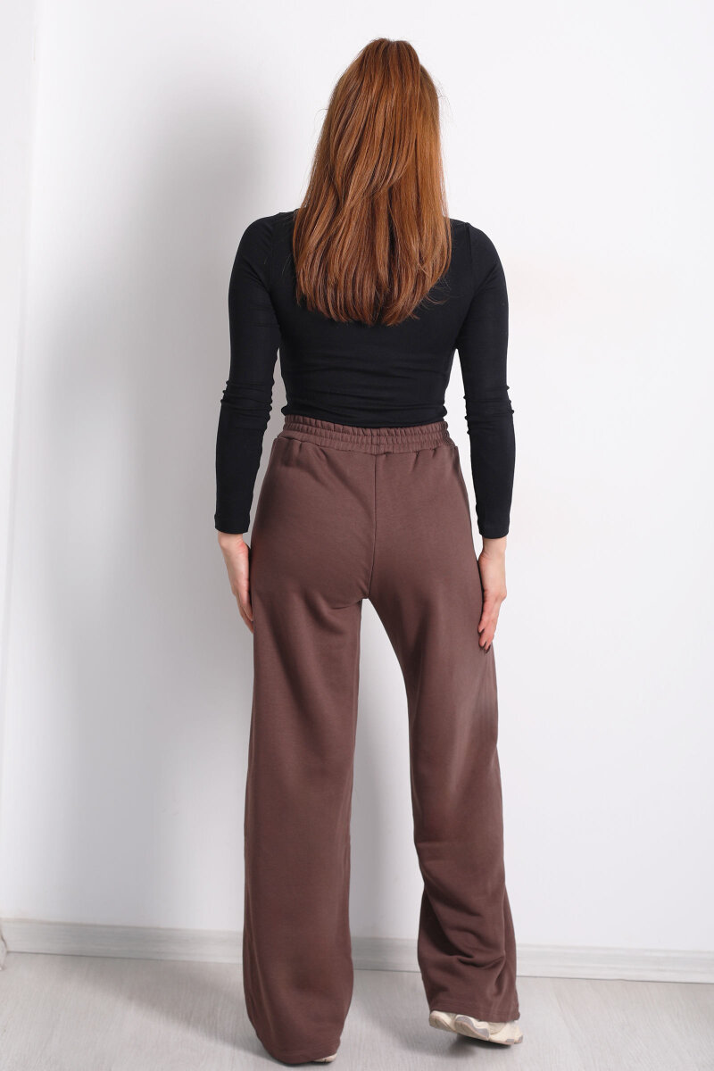 Beli Lastikli Cepli Geniş Paça Kahverengi Kadın Eşofman Altı - 4