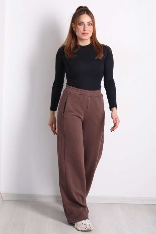 Beli Lastikli Cepli Geniş Paça Kahverengi Kadın Eşofman Altı - 3