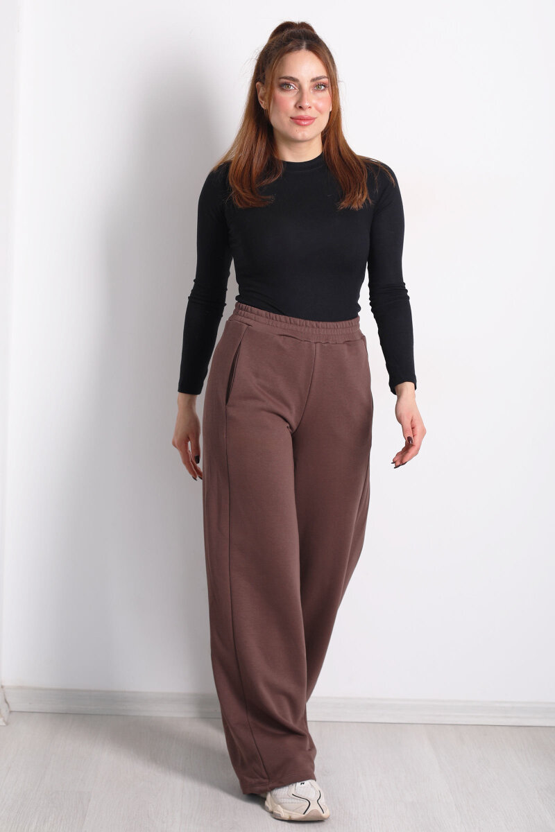 Beli Lastikli Cepli Geniş Paça Kahverengi Kadın Eşofman Altı - 3