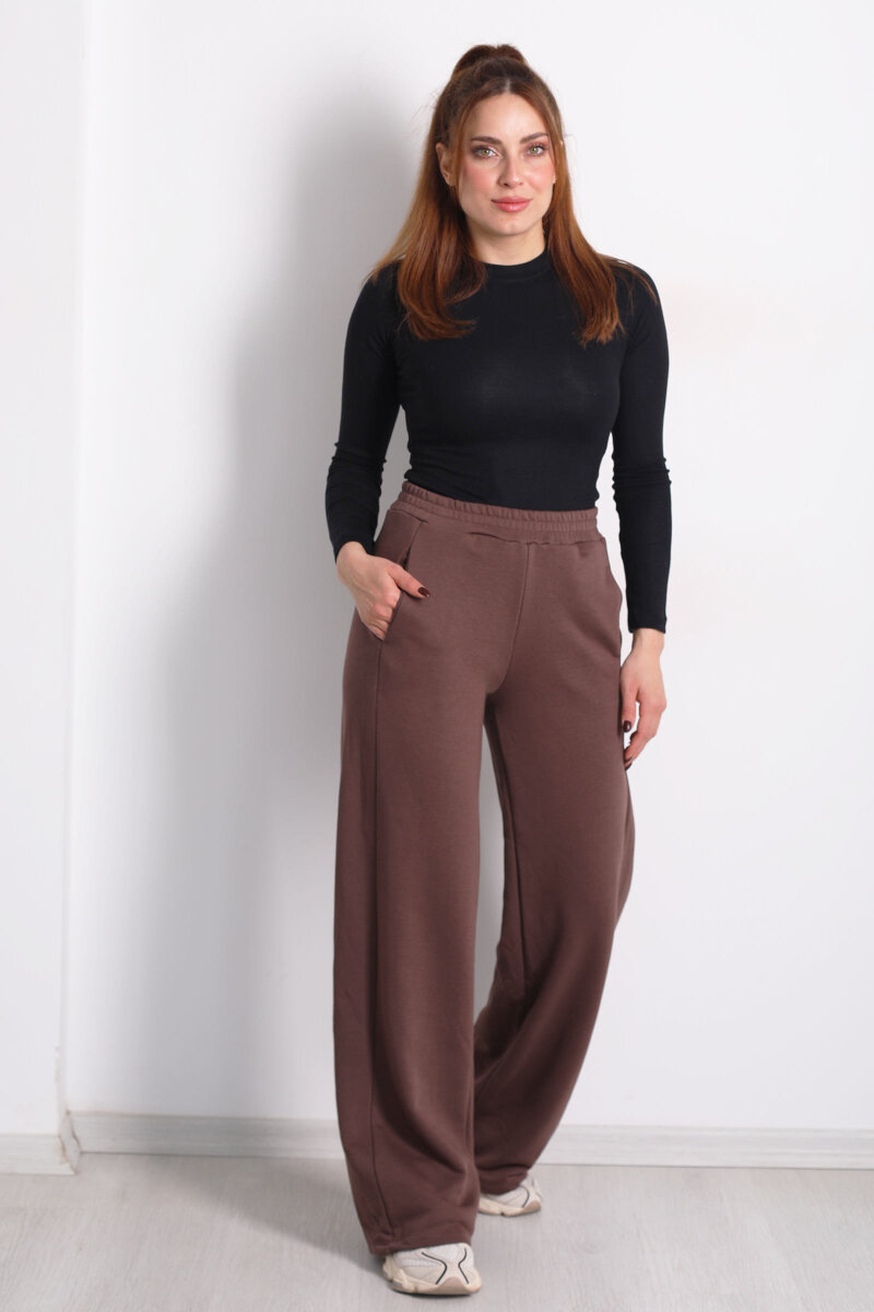 Beli Lastikli Cepli Geniş Paça Kahverengi Kadın Eşofman Altı - 1