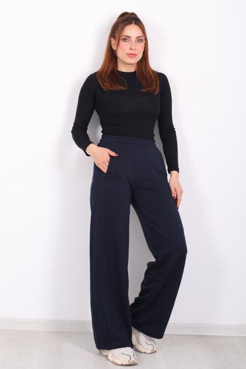 Beli Lastikli Cepli Geniş Paça Lacivert Kadın Eşofman Altı - Berox