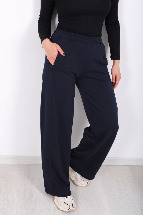 Beli Lastikli Cepli Geniş Paça Lacivert Kadın Eşofman Altı - Berox (1)