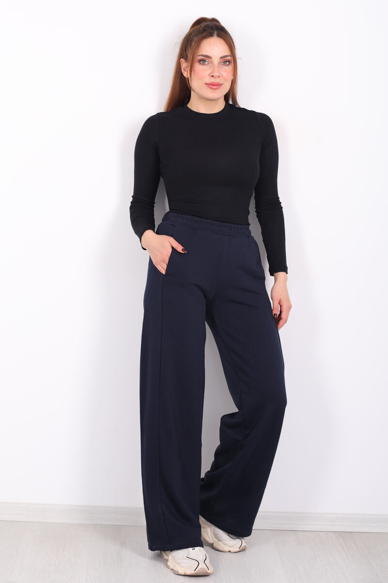 Beli Lastikli Cepli Geniş Paça Lacivert Kadın Eşofman Altı - 5